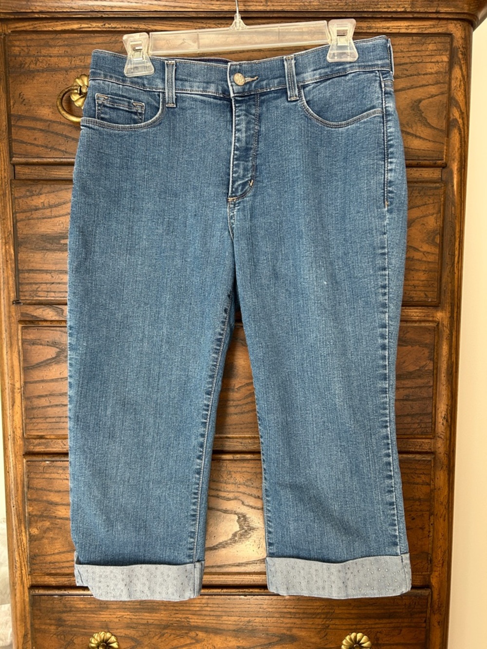 NYDJ Blue Cropped Ankle Jeans with Cuffed Rhinestone Hem, Size 10P
